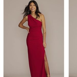 David’s Bridal Ruched Jersey One-shoulder Bridesmaid Dress